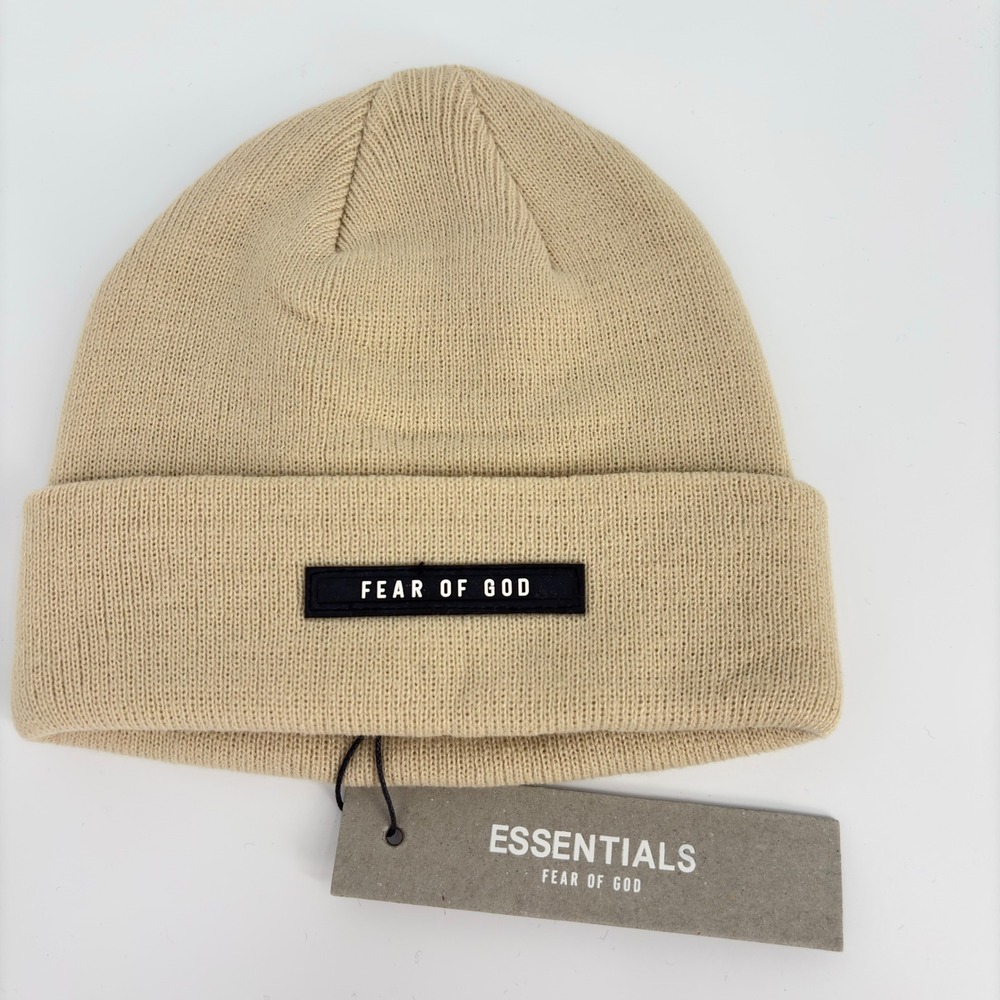 New Fear of God Essentials Beige Beanie Hat Sixth Collection Logo Patch Unisex